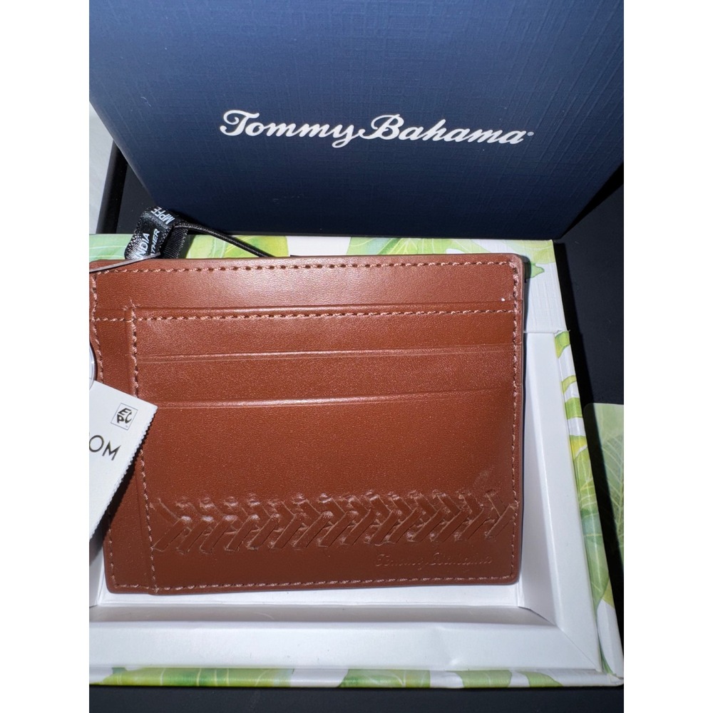 Tommy Bahama Mens Leather Card Case Wallet Slim Tan Nordstrom New with Box - Picture 2 of 6